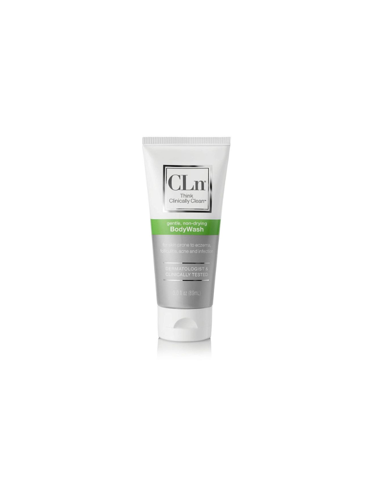 A tube of CLn gentile, non-drying body wash for skin prone to eczema, folliculitis, acne, and ifection.