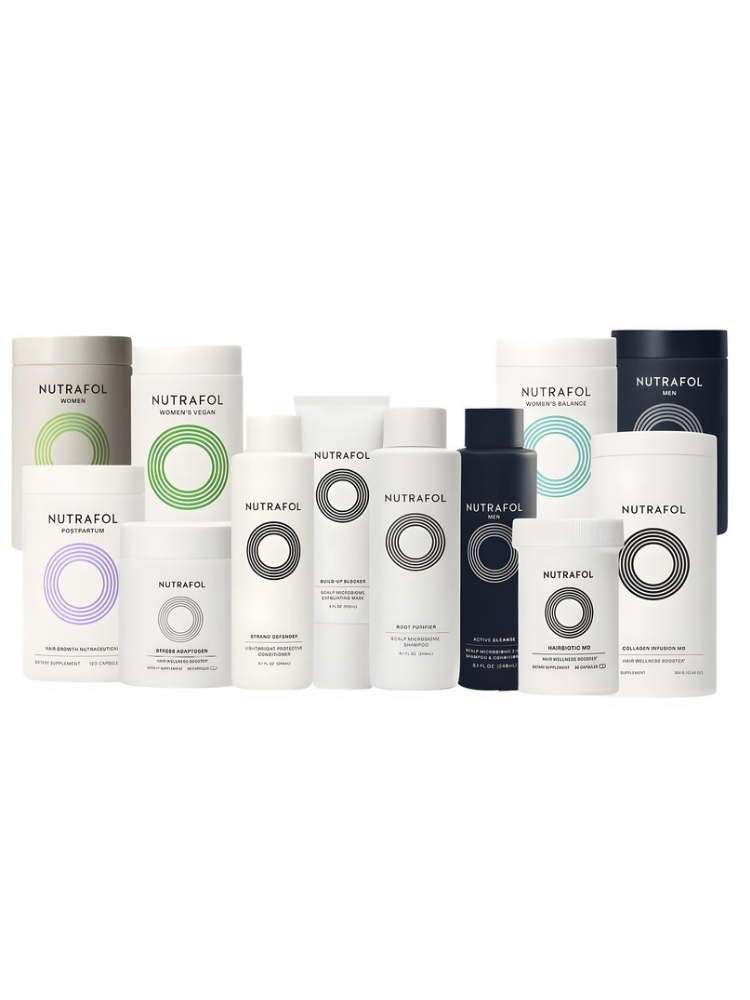 A group of Nutrafol hair care containers, including bottles and jars, arranged against a solid white background. The products are primarily white with minimalist black and colored circular logos and labels in green, blue, and purple.